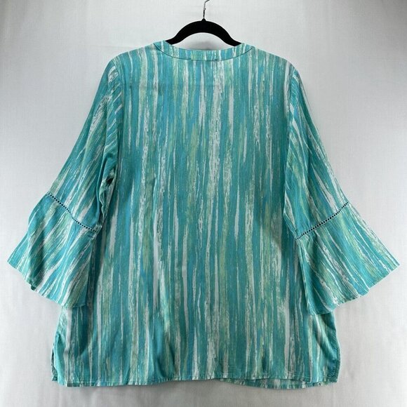 Gloria Vanderbilt Top Size L Stripe Tunic Blouse 3/4 Bell Sleeve Viscose Blue - Picture 2 of 11